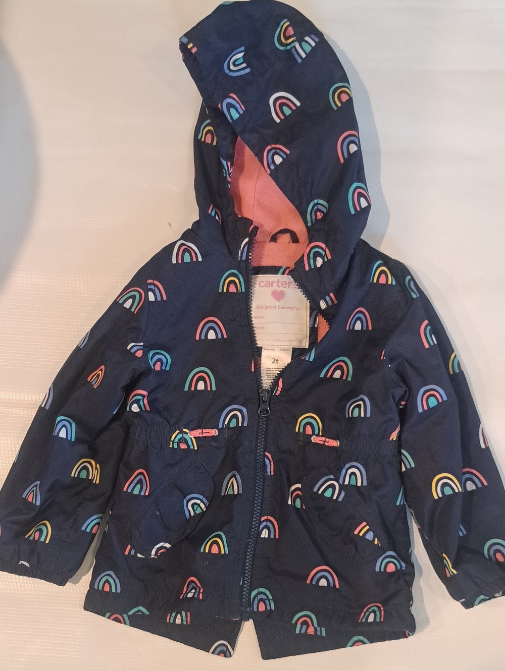 Spring Jacket Navy Hooded Raincoat with Multicolor Rainbow Print